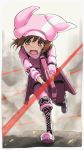  1girl animal_ears animal_hat bangs black_footwear blush boots brown_eyes brown_hair bullet_line bullpup bunny_hat commentary_request cross-laced_footwear eyebrows_visible_through_hair gloves gun hair_between_eyes hat holding holding_gun holding_weapon jacket knee_boots lace-up_boots llenn_(sao) open_mouth p-chan_(p-90) p90 pants pink_gloves pink_hat pink_jacket pink_pants rabbit_ears solo standing standing_on_one_leg submachine_gun sword_art_online sword_art_online_alternative:_gun_gale_online tea_(nakenashi) tears wavy_mouth weapon 