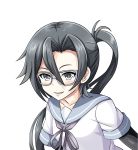  1girl amagiri_(kantai_collection) black_hair collarbone glasses grey_eyes highres kantai_collection long_hair looking_at_viewer parted_lips school_uniform serafuku side_ponytail simple_background smile solo tk8d32 white_background 