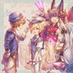  2boys 2girls :d alternate_costume animal_ears bare_shoulders bell belt black_hair blonde_hair blush bow brown_hair closed_eyes commentary commentary_request detached_sleeves erune fang fingerless_gloves fox_ears fox_tail fur_trim gloves glowstick gran_(granblue_fantasy) granblue_fantasy hair_bell hair_ornament hair_over_one_eye hat heart japanese_clothes jingle_bell kimono kou_(granblue_fantasy) long_hair microphone multiple_boys multiple_girls open_mouth pink_bow red_eyes shigaraki_(strobe_blue) silver_hair smile societte_(granblue_fantasy) sweatdrop tail v_arms very_long_hair white_gloves white_hair yuel_(granblue_fantasy) 