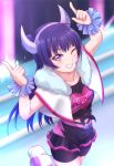  1girl bike_shorts black_shirt black_shorts blurry blurry_background clothes_writing collarbone demon_horns earrings fake_horns fur_collar grin hairband hands_up heart heart_print horns index_finger_raised jewelry kanabun long_hair looking_at_viewer love_live! love_live!_sunshine!! miracle_wave one_eye_closed print_shirt purple_hair purple_hairband shirt short_shorts shorts shorts_under_shorts smile solo tied_shirt tsushima_yoshiko violet_eyes 