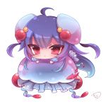  1girl absurdres ahoge bangs blue_hair blush bow chibi closed_mouth commentary_request eyebrows_visible_through_hair fish hair_between_eyes hair_ornament highres jellyfish long_hair looking_at_viewer lying muuran noa_(shironeko_project) on_stomach purple_bow red_eyes shironeko_project signature simple_background solo transparent tsurime very_long_hair white_background 