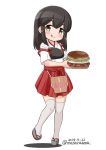  1girl akagi_(kantai_collection) apron black_hair brown_eyes commentary_request dated food full_body hakama_skirt hamburger japanese_clothes kantai_collection long_hair looking_at_viewer masara_(masalucky2010) muneate pleated_skirt red_skirt sandals simple_background skirt solo standing straight_hair tasuki thigh-highs tongue tongue_out twitter_username white_background white_legwear younger 