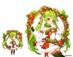  1girl aki_no_jikan arms_at_sides bare_shoulders bow detached_sleeves earrings elf flower green_hair green_legwear hair_ornament hair_rings holly jewelry long_hair looking_at_viewer maru-kichi multiple_views official_art poinsettia pointy_ears red_bow red_eyes sitting skirt standing star star_hair_ornament striped striped_skirt thigh-highs twintails watermark wreath 