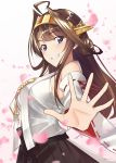  1girl ahoge brown_hair detached_sleeves double_bun hairband headgear highres japanese_clothes kantai_collection kongou_(kantai_collection) long_hair nontraditional_miko outstretched_hand pallad remodel_(kantai_collection) ribbon-trimmed_sleeves ribbon_trim skirt 