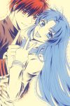  1boy 1girl blue_eyes blue_hair blue_nails cheek-to-cheek chidori_kaname dutch_angle full_metal_panic! highres hug index_finger_raised long_hair looking_at_viewer nail_polish open_mouth outline red_eyes red_nails redhead sagara_sousuke school_uniform shiki_(the-sleeping-snow-white) short_hair smile spiky_hair v 