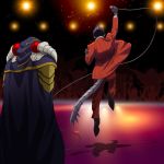 2boys ainz_ooal_gown arm_up black_footwear black_gloves black_hair cape demiurge gloves holding holding_microphone jacket jumping k-ta microphone multiple_boys overlord_(maruyama) pants purple_cape red_jacket red_pants stage tail vertical-striped_jacket 