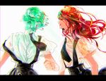  2others absurdres androgynous closed_eyes eyes_visible_through_hair gem_uniform_(houseki_no_kuni) green_hair happy highres houseki_no_kuni letterboxed long_hair looking_at_another necktie open_mouth phosphophyllite red_eyes redhead shinsha_(houseki_no_kuni) short_hair smile suspenders 