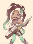  1girl asymmetrical_hair bare_arms black_footwear black_gloves black_hair black_vest boots breasts cephalopod_eyes cleavage collared_vest cowboy_shot crop_top cropped_vest dark_skin fang fingerless_gloves gloves green_hair green_legwear green_skin headphones high_collar holding holding_instrument iida_(splatoon) instrument keytar long_hair looking_at_viewer makeup mascara midriff mole mole_under_mouth multicolored multicolored_hair multicolored_skin navel_piercing octarian open_mouth pantyhose pantyhose_under_shorts piercing pink_pupils sayoyonsayoyo shorts simple_background smile solo splatoon splatoon_2 standing stomach striped striped_shorts suction_cups tentacle_hair twitter_username unzipped upper_teeth very_long_hair vest zipper zipper_pull_tab 