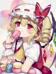  1girl ainy77 alternate_hairstyle ascot blonde_hair blush closed_mouth commentary_request drill_hair flandre_scarlet food hat looking_at_viewer macaron puffy_short_sleeves puffy_sleeves red_eyes short_hair short_sleeves side_ponytail smile touhou upper_body wings wrist_cuffs yellow_neckwear 
