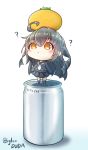 1girl ? ahoge asimo953 black_hair black_serafuku can chibi commentary_request crescent crescent_moon_pin food food_on_head fruit fruit_on_head full_body highres kantai_collection light_brown_eyes long_hair long_sleeves looking_up mandarin_orange mikazuki_(kantai_collection) necktie object_on_head sailor_collar school_uniform serafuku soda_can solo standing translation_request twitter_username white_background 