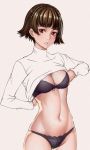  1girl black_bra black_panties blush bra braid breasts brown_hair cleavage commentary_request dydydyok looking_at_viewer medium_breasts navel niijima_makoto panties parted_lips persona persona_5 red_eyes shiny shiny_hair short_hair solo standing underwear 