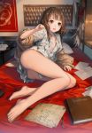  1girl arm_support ass bangs banner bare_legs barefoot bed_sheet blunt_bangs blush book brown_eyes brown_hair brown_jacket day feathers feet flat_chest foreshortening frown full_body indoors inkwell jacket justminor legs long_hair long_sleeves low_twintails map miniskirt no_bra off_shoulder open_clothes open_jacket open_shirt original paper parted_lips pillow pleated_skirt pouch red_ribbon ribbon shiny shiny_hair shirt skirt solo sunlight tareme toes twintails white_shirt white_skirt 