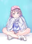  1girl baseball_cap blue_background blue_eyes clothes_writing eyebrows_visible_through_hair grey_hair hands_together hat headwear_writing high_tops highres indian_style kanabun long_sleeves looking_at_viewer love_live! love_live!_sunshine!! pink_hat short_hair shorts sitting sleeves_past_wrists smile solo sweatshirt watanabe_you white_footwear 