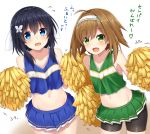  2girls :d ahoge bangs bare_shoulders bike_shorts black_hair black_shorts blue_eyes blue_skirt blue_tank_top brown_background brown_hair cheerleader commentary_request eyebrows_visible_through_hair fang flying_sweatdrops gradient gradient_background green_eyes green_skirt green_tank_top hair_between_eyes hairband holding komori_kuzuyu long_hair midriff multiple_girls navel open_mouth original pleated_skirt pom_poms rivier_(kuzuyu) short_shorts shorts skirt smile tank_top translated white_background white_hairband 