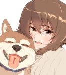 1girl bangs brown_eyes brown_hair casual commentary dog english_commentary eyebrows_visible_through_hair girls_und_panzer mityubi nishizumi_maho open_mouth portrait shiba_inu short_hair simple_background smile solo sweater white_background white_sweater 