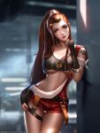  1girl against_wall arm_tattoo asymmetrical_clothes belt blurry breasts brigitte_(overwatch) brown_eyes brown_hair cleavage crop_top depth_of_field fingerless_gloves gloves hair_ornament hand_on_hip leaning liang_xing looking_at_viewer medium_breasts navel overall_shorts overalls overwatch parted_lips ponytail solo stomach suspenders tattoo under_boob 