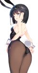  1girl animal_ears ass black_hair black_legwear black_leotard black_neckwear blue_eyes bob_cut bow bowtie bunny_tail bunnysuit detached_collar from_behind from_below highres leotard nakamura_takeshi original pantyhose rabbit_ears short_hair simple_background solo strapless strapless_leotard tail white_background wrist_cuffs 