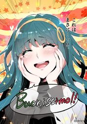  1girl blue_hair blush cleopatra_(fate/grand_order) close-up comic fate/grand_order fate_(series) hairband hands_on_own_cheeks hands_on_own_face heart highres italian long_sleeves open_mouth redrop smile solo sparkle translation_request twitter_username 