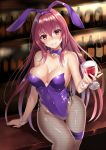  1girl alcohol animal_ears bare_shoulders blush bottle breasts bunnysuit fate/grand_order fate_(series) fishnet_pantyhose fishnets glass harimoji long_hair looking_at_viewer pantyhose purple_hair rabbit_ears red_eyes scathach_(fate/grand_order) shiny shiny_clothes shiny_skin smile solo wine wrist_cuffs 