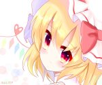  1girl blonde_hair blush bow bubble_background closed_mouth collared_shirt commentary_request eyebrows_visible_through_hair face flandre_scarlet from_behind gem gradient_eyes hair_between_eyes hat hat_bow head_tilt heart heart_of_string highres kkk_(user_hdee2744) light_smile looking_at_viewer mob_cap multicolored multicolored_eyes portrait red_bow red_eyes shirt short_hair side_ponytail solo touhou translation_request white_background white_hat yellow_eyes 