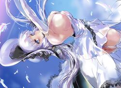  1girl azur_lane bangs blue_eyes breasts dress elbow_gloves eyebrows_visible_through_hair feathers frills garter_straps gloves hat illustrious_(azur_lane) lace large_breasts low_twintails matsukura_nemu strapless strapless_dress sun_hat tri_tails twintails white_dress white_gloves white_hair white_hat white_legwear 