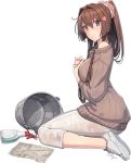 1girl alternate_costume bottle breasts brown_eyes brown_hair brown_sweater bucket flower from_side full_body hair_flower hair_intakes hair_ornament kantai_collection kneeling large_breasts long_hair long_sleeves looking_at_viewer lowres off_shoulder official_art pants ribbed_sweater shizuma_yoshinori sidelocks simple_background solo spray_bottle sweater transparent_background very_long_hair white_background white_footwear white_pants yamato_(kantai_collection) 