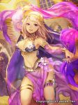  1girl armlet belly_chain blonde_hair bracelet breasts company_name dragon_tactics jewelry long_hair looking_at_viewer medium_breasts mole mole_under_eye natsuiro_xx navel official_art open_mouth original see-through smile solo thigh_strap violet_eyes 