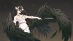  1girl albedo black_background black_feathers black_hair black_wings breasts choker cleavage cowboy_shot dress elbow_gloves feathered_wings floating_hair gloves glowing glowing_eye hair_between_eyes highres horns long_hair medium_breasts neps-l overlord_(maruyama) parted_lips solo standing strapless strapless_dress very_long_hair white_dress white_gloves wings yellow_eyes 