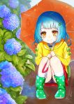  1girl bangs black_panties blue_hair blush boots child eyebrows_visible_through_hair flower full_body green_footwear highres hydrangea miniskirt omelet_tomato original panties pantyshot pantyshot_(squatting) polka_dot_footwear rain raincoat red_skirt short_hair skirt smile solo squatting umbrella underwear yellow_eyes 