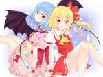  2girls :d :o back-to-back bat_wings blonde_hair blouse blue_background blue_hair cravat eyebrows_visible_through_hair fang feet_out_of_frame flandre_scarlet gradient gradient_background hair_between_eyes knees_up legs_up looking_at_viewer looking_back multiple_girls no_headwear open_mouth pink_blouse pink_skirt puffy_short_sleeves puffy_sleeves red_eyes red_neckwear red_skirt red_vest remilia_scarlet short_hair short_sleeves siblings sisters sitting skirt smile star starry_background tosakaoil touhou vest wings wrist_cuffs yellow_neckwear 