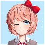  1girl ;) blue_background blue_eyes bow character_name commentary doki_doki_literature_club english_commentary eyebrows_visible_through_hair hair_bow heart heart_in_eye looking_at_viewer one_eye_closed outline pink_hair portrait red_bow sasoura sayori_(doki_doki_literature_club) short_hair signature simple_background smile solo symbol_in_eye white_outline 