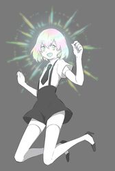  1other androgynous diamond_(houseki_no_kuni) elbow_gloves gem_uniform_(houseki_no_kuni) gloves glowing glowing_hair grey_background highres houseki_no_kuni looking_at_viewer multicolored multicolored_eyes multicolored_hair necktie open_mouth rainbow_eyes rainbow_hair short_hair smile solo sparkle suspenders thick_eyebrows thigh-highs 