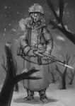  ambiguous_gender bayonet erica_(naze1940) gas_mask greyscale gun helmet highres holding holding_gun holding_weapon military military_uniform monochrome original pouch rifle snow snowing solo uniform visible_air weapon 