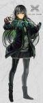  1girl black_footwear black_hair black_legwear black_skirt boots closed_mouth commentary_request full_body green_eyes green_hair green_jacket grey_background hands_up inabi jacket long_hair long_sleeves looking_at_viewer open_clothes open_jacket original pleated_skirt skirt smile solo standing thigh-highs 