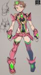  1boy adapted_costume black_gloves boots brown_hair bulge cosplay crossdressinging dated fingerless_gloves fujimoto_hideaki full_body gloves grey_background headpiece pyra_(xenoblade) pyra_(xenoblade)_(cosplay) looking_at_viewer male_focus miniskirt neon_trim rex_(xenoblade_2) shorts simple_background skirt solo thigh-highs twitter_username xenoblade_(series) xenoblade_2 yellow_eyes 