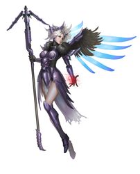  1girl absurdres alternate_costume angel_wings armor armored_boots armored_dress black_wings blonde_hair blue_wings boots gauntlets hair_ornament highres mechanical_wings mercy_(overwatch) overwatch paid_reward patreon_reward simple_background solo spread_wings white_background wings yinan_cui 