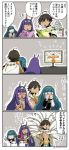  1boy 2girls 4koma :d :o ahoge asaya_minoru bangs beamed_eighth_notes black_gloves black_shirt blush book bouquet brown_eyes brown_hair chin_stroking cleopatra_(fate/grand_order) comic dark_skin earrings egyptian egyptian_clothes eighth_note eyebrows_visible_through_hair facial_mark fate/grand_order fate/prototype fate/prototype:_fragments_of_blue_and_silver fate_(series) flat_screen_tv flower gloves green_eyes green_hair hair_between_eyes hands_on_hips hands_on_own_face headband holding holding_book holding_bouquet hoop_earrings jackal_ears jewelry long_hair long_sleeves makeup mascara medjed multiple_girls musical_note nitocris_(fate/grand_order) nose_blush open_mouth ozymandias_(fate) purple_hair quarter_note reading red_flower red_rose rose shirt smile sparkle sweat television translation_request trembling twitter_username very_long_hair violet_eyes 