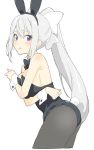  1girl absurdres animal_ears bow breasts bunny_tail bunnysuit closed_mouth donguri_suzume from_side hair_bow highres higuchi_kaede long_hair nijisanji ponytail rabbit_ears sideboob silver_hair solo tail violet_eyes virtual_youtuber white_bow 