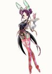  1girl aegis_(nerocc) breasts entoma_vasilissa_zeta full_body hair_bun highres insect_girl looking_at_viewer medium_breasts monster_girl overlord_(maruyama) purple_hair red_eyes short_hair_with_long_locks sidelocks simple_background smile solo striped striped_legwear thigh-highs white_background 