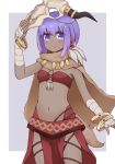  1girl alternate_costume arms_up bandage bandaged_arm bandeau bangle blush bracelet brown_cape cosplay_request cowboy_shot eyebrows_visible_through_hair fate/grand_order fate_(series) fingerless_gloves flat_chest gloves grey_background hassan_of_serenity_(fate) horn_ornament i.u.y jewelry loincloth looking_at_viewer mask mask_on_head military military_uniform naval_uniform navel necklace outside_border purple_hair revealing_clothes short_hair sidelocks simple_background skull_mask solo standing stomach stomach_bulge tareme uniform violet_eyes white_gloves 