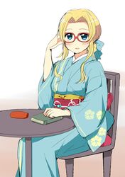  1girl adjusting_hair blonde_hair blue_eyes blue_kimono blue_ribbon blush book chair diana_caprice floral_print fuurin_kingyou glasses hair_ribbon japanese_clothes kimono long_hair looking_at_viewer red-framed_eyewear ribbon sakura_taisen sakura_taisen_v sidelocks sitting solo table 