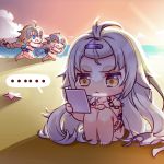  ... 3girls :d ;d ahoge bangs bare_arms bare_legs bare_shoulders barefoot beach bell bikini black_bikini_top blonde_hair blue_bikini blue_eyes braid brown_eyes chains chasing chibi clouds collarbone eyebrows_visible_through_hair fate/apocrypha fate/grand_order fate_(series) hair_between_eyes hand_mirror hand_on_own_knee headpiece holding holding_mirror horizon jeanne_d&#039;arc_(alter)_(fate) jeanne_d&#039;arc_(fate) jeanne_d&#039;arc_(fate)_(all) jeanne_d&#039;arc_alter_santa_lily long_hair looking_at_another looking_at_mirror looking_back low_ponytail mirror mismatched_bikini multiple_girls nemovo ocean one_eye_closed open_mouth outdoors outstretched_arms running sand silver_hair single_braid sitting sky smile spoken_ellipsis starfish sunset swimsuit tan tanline very_long_hair water white_bikini_bottom 