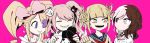 4girls blonde_hair boku_no_hero_academia brown_hair closed_eyes commentary_request dangan_ronpa enoshima_junko esu_(transc) eyepatch harime_nui kill_la_kill multicolored_hair multiple_girls neo_(rwby) pink_hair rwby stuffed_animal stuffed_toy teddy_bear toga_himiko