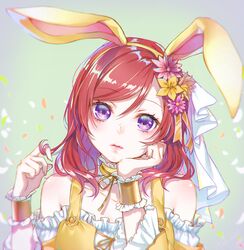  1girl animal_ears ao+beni chin_rest choker commentary_request easter fake_animal_ears flower frilled_choker frilled_cuffs frills hair_flower hair_ornament hair_ribbon hair_twirling hairband lips looking_at_viewer love_live! love_live!_school_idol_project medium_hair nishikino_maki petals rabbit_ears redhead ribbon solo upper_body veil violet_eyes wrist_cuffs yellow_choker 