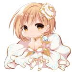  1girl bangs blush breasts brown_eyes chibi cleavage closed_mouth commentary_request cosplay djeeta_(granblue_fantasy) dress eyebrows_visible_through_hair flower granblue_fantasy hair_between_eyes hair_flower hair_ornament highres large_breasts light_brown_hair looking_at_viewer mofuaki rose simple_background smile solo strapless strapless_dress the_glory the_glory_(cosplay) thigh-highs white_background white_dress white_flower white_legwear white_rose 