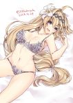  1girl 218 ahoge bare_shoulders blonde_hair blush breasts collarbone dated detached_sleeves flower granblue_fantasy groin hair_flower hair_intakes hair_ornament hairband jeanne_d&#039;arc_(granblue_fantasy) large_breasts lingerie long_hair lying navel open_mouth solo twitter_username underwear 