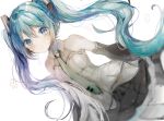 1girl arms_at_sides bangs bare_shoulders black_skirt blue_eyes blue_hair blurry blush breasts closed_mouth depth_of_field detached_sleeves dutch_angle eyebrows_visible_through_hair gradient_neckwear hair_ornament hatsune_miku highres long_hair long_sleeves looking_at_viewer necktie ptmko_d shoulder_tattoo simple_background skirt small_breasts smile solo standing symbol-shaped_pupils tareme tattoo twintails very_long_hair vocaloid white_background 