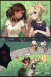  1boy 2girls atobesakunolove breasts cat chinese collarbone eye_contact gameplay_mechanics genji_(overwatch) grass hands highres holding interlocked_fingers looking_at_another lying medium_breasts mercy_(overwatch) multiple_girls on_back outdoors overwatch pharah_(overwatch) robot translation_request yuri zenyatta_(overwatch) 