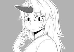  1girl bangs closed_mouth commentary_request from_side grey_background horn hoshiguma_yuugi index_finger_raised light_blush long_hair looking_at_viewer looking_to_the_side outline parted_bangs poronegi simple_background solo sweatdrop touhou upper_body white_outline 