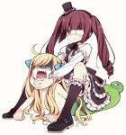  2girls ahoge black_footwear black_hat blonde_hair blue_eyes blue_ribbon brown_eyes brown_hair camel_clutch clenched_hands closed_mouth constricted_pupils curly_hair dress eyepatch fangs frilled_sleeves frills frown full_body gloom_(expression) gothic_lolita hair_censor hair_ribbon hanazono_yurine hat jashin-chan jashin-chan_dropkick kneehighs lace-trimmed_legwear lamia lolita_fashion long_hair long_sleeves lying mary_janes medical_eyepatch mini_hat mini_top_hat monster_girl multiple_girls nude official_art on_stomach open_mouth own_hands_together ribbon shoes simple_background sitting sitting_on_person top_hat twintails v-shaped_eyebrows very_long_hair white_background yukiwo 
